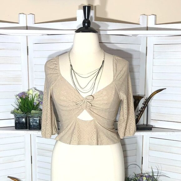 Vintage Y2K Nude Floral Eyelet Lace Crop Blouse Large - Picture 1 of 10